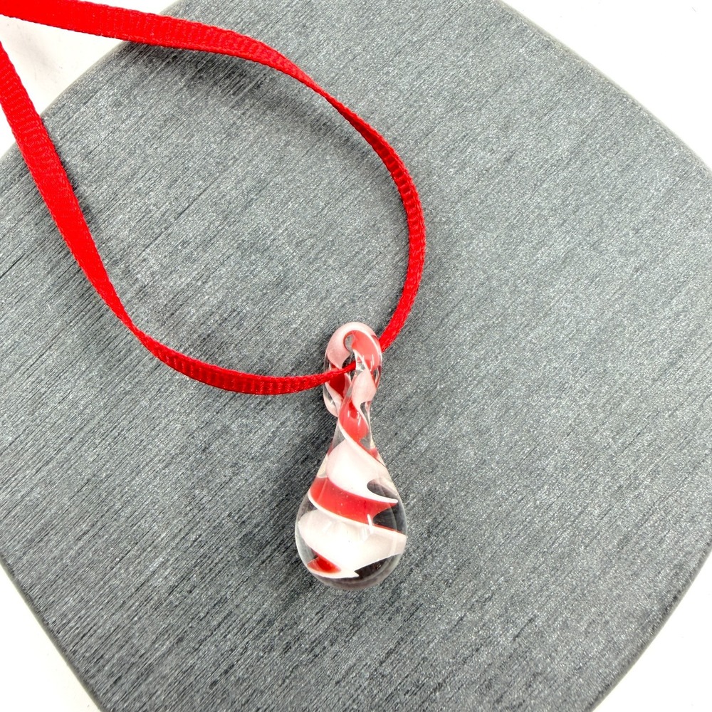 Red and White Swirl Glass Teardrop Pendant Necklace Ribbon Cord Boho Accessory